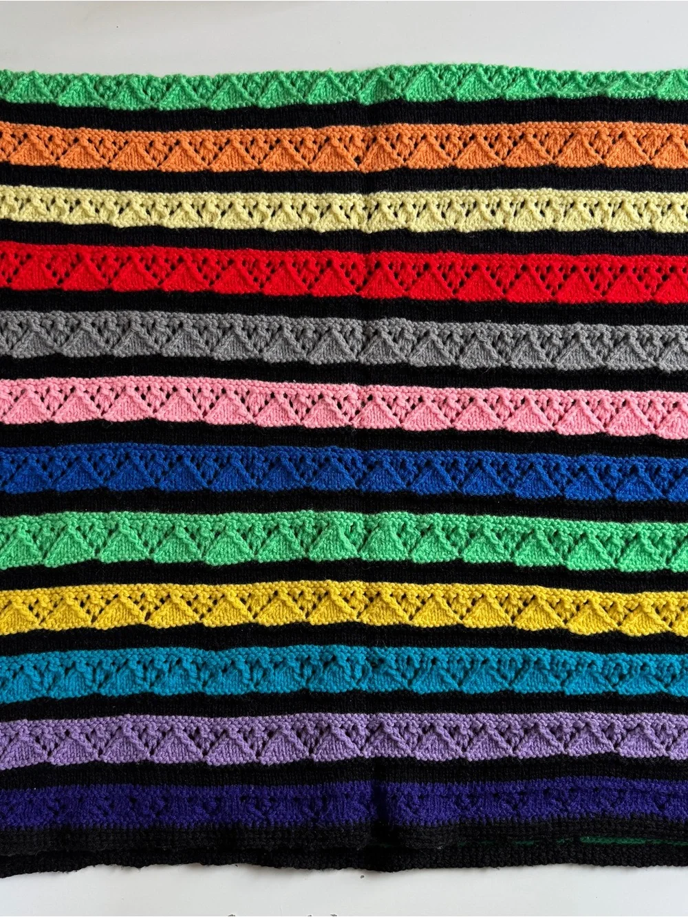 VTG Rainbow Stripe Handmade Afghan Multicolor Black Throw Boho Cottage 68x46